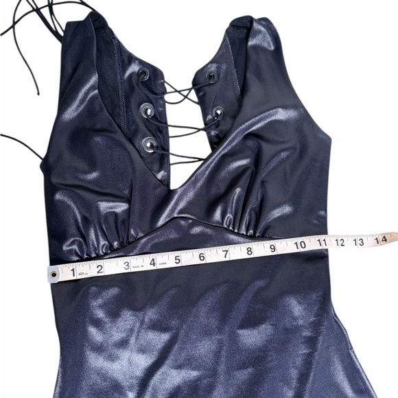 VTG 90s Trashy Black Wet-Look Maxi Dress | Lace-Up Back | Bodycon | Size S - Picture 8 of 11